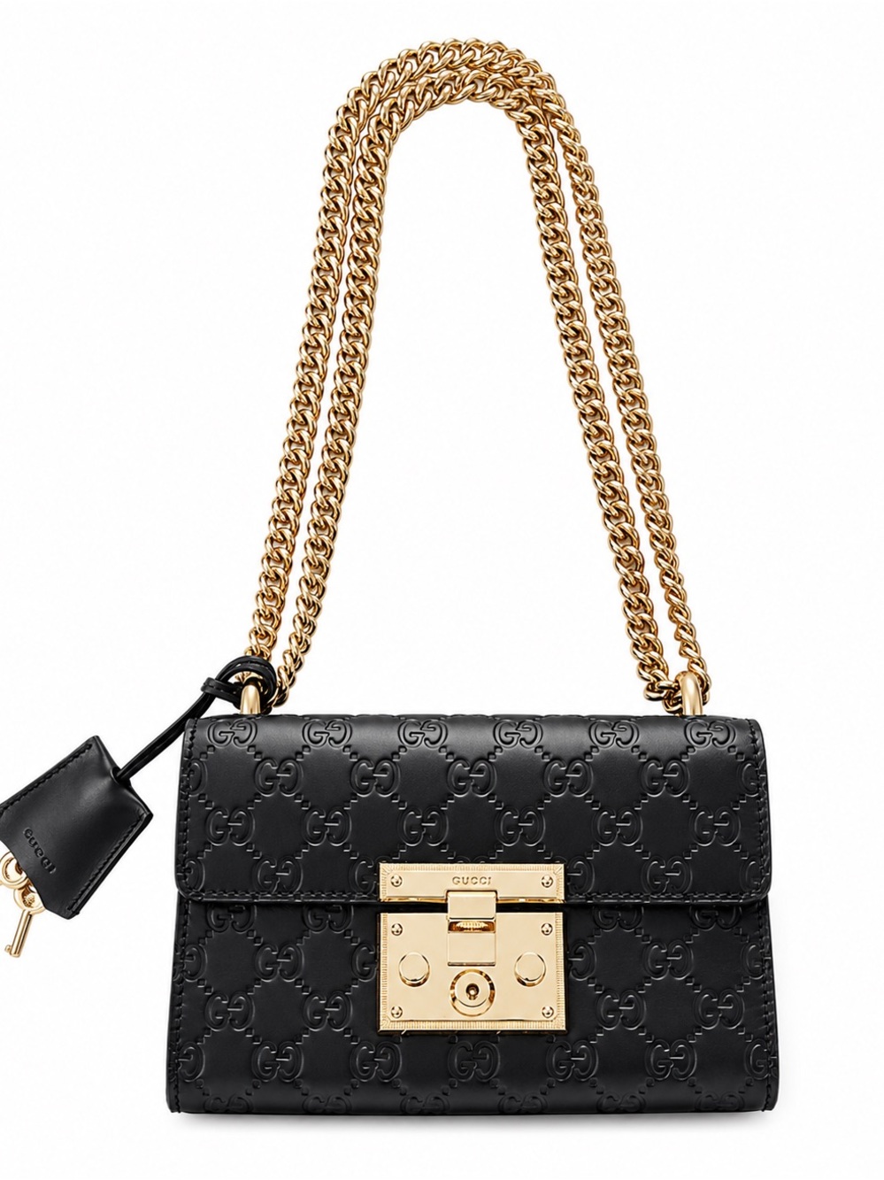 Gucci Black Guccissima GG Leather Shoulder Crossbody Bag Gold Chain Excellent